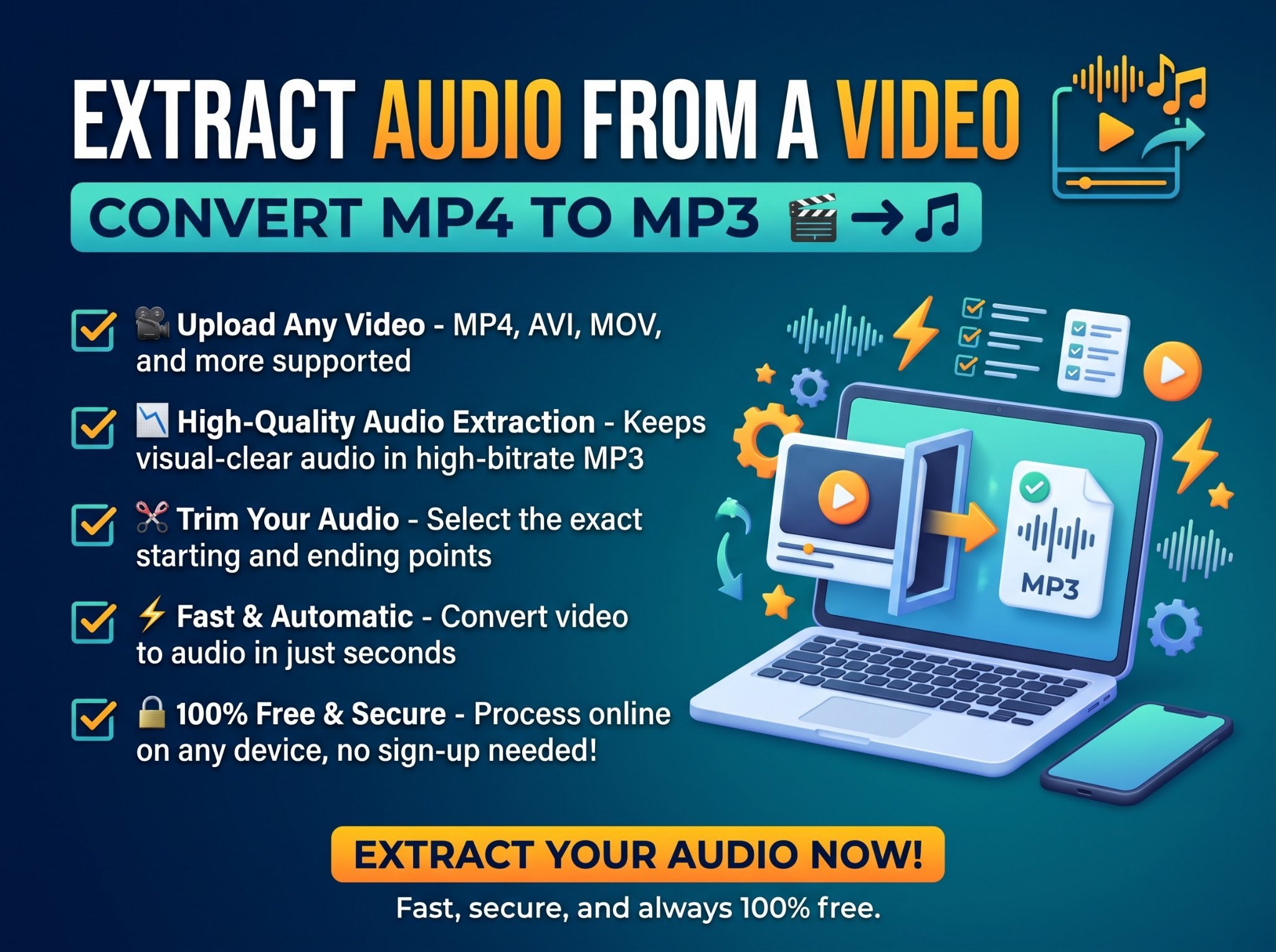How to extract audio from a video — convert MP4 to MP3 at 128, 192 or 320 kbps, free and private in your browser.